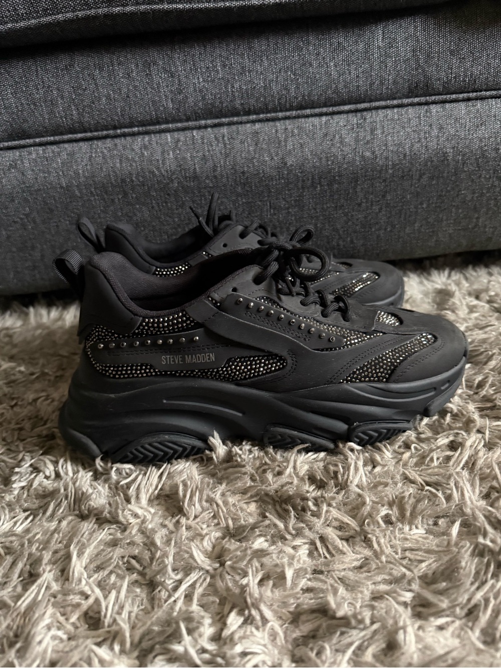 Steve Madden Black Platform Sneakers with Rhinestone Accents